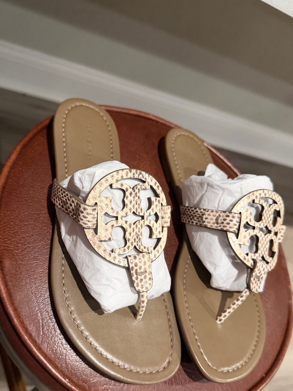 Tory Burch Beige Tan Logo Thong Sandals with Leopard-Print Medallion